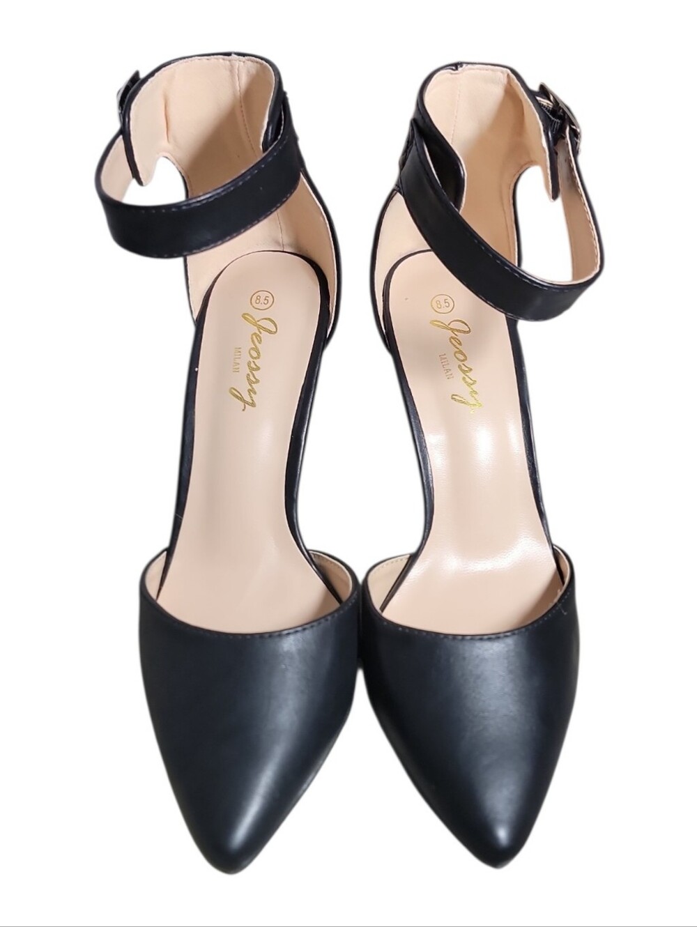 Jeossy black pointed toe ankle strap buckke women's heel pumps size 8.5